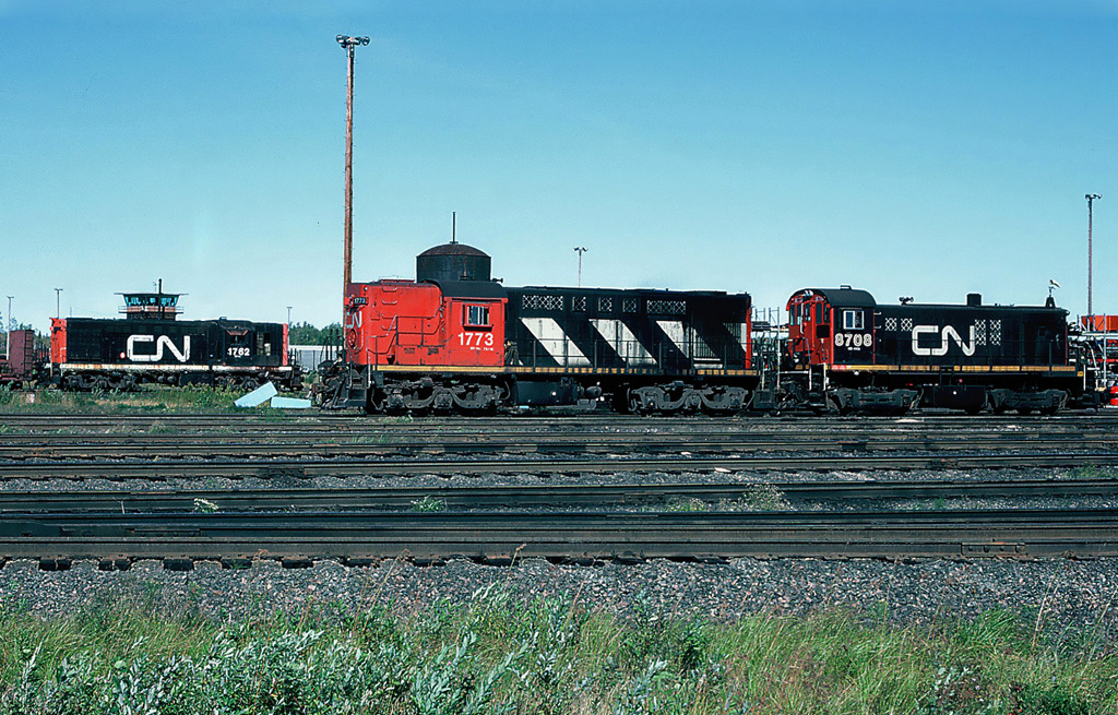 CN MLW RSC-14 Nos.1773 and 1762 with MLW S13u 8708 at CN's Gordon yard, Moncton.  September 25, 1986.