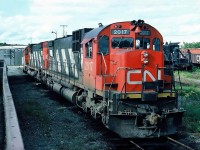 Two CN MLWs C-630M 2017 and 2035 parked in the Bathurst CN yards, September 07, 1986.