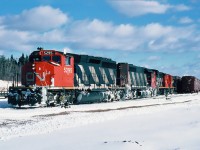 CN GMD SD40-2W 5295 with SD40 5064 and two MLW RS-18s at Moncton's Gordon yard. December 11, 1986.