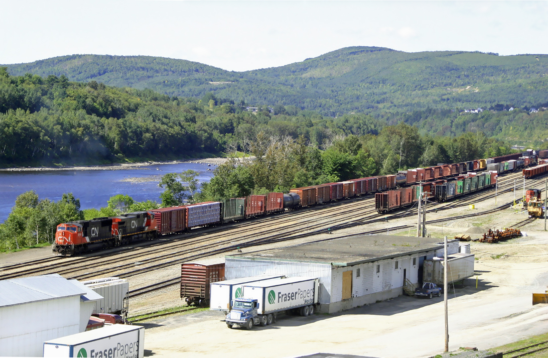 View of CN's Edmundston,N.B. yard and the St John River with CNs trans-continental mainline just about 20 meters from the U.S. border and the State of Maine.