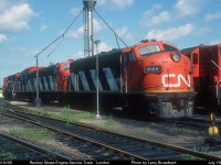 CN 9169 and company on Rectory Street Roundhouse Service track July 1986