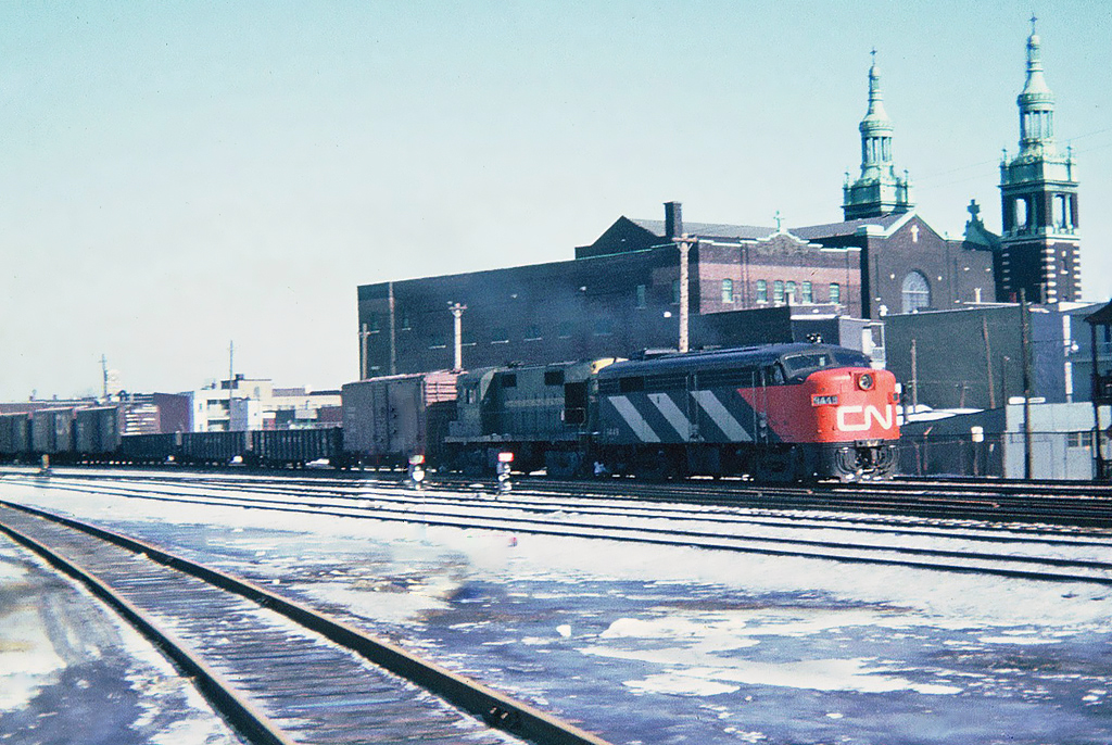 Canadian National MLW FA-2 No.9449 and CN  MLW RS-18 No.3857; Photo Montreal December 07, 1964.