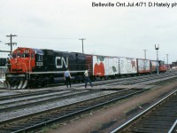 Displays at Belleville 'Railway Days' on July 4, 1971 included new M-636 2335.The four freight cars painted to advertise their uses included refers for fruit and meat, a newsprint box and a grain hopper.