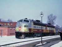 The Montreal section of CPR's The Canadian, led by GMD FP7 1432 leaving Westmount Station in March 1965.