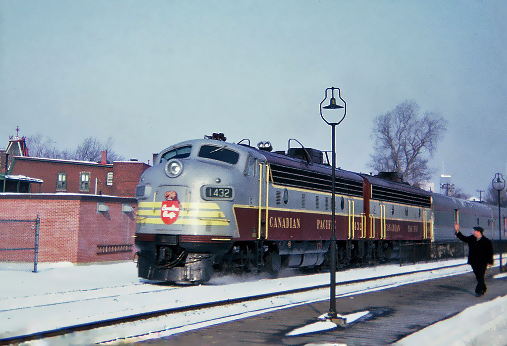 The Montreal section of CPR's The Canadian, led by GMD FP7 1432 leaving Westmount Station in March 1965.