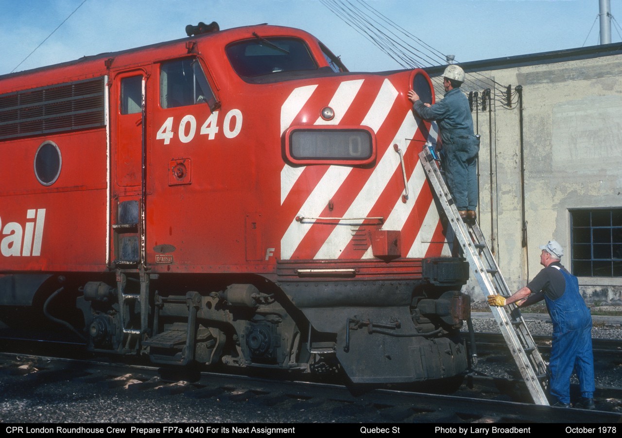 London Roundhouse Crew Prepare FP7a CP 4040 for its next assignment    October 1978