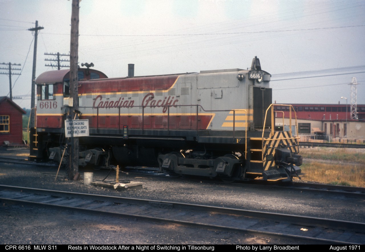 CP 6616 rests in Woodstock after a night of switching in Tillsonburg  August 1971. Taken with my first camera. My Grandfathers Manually set 35mm Graflex.
