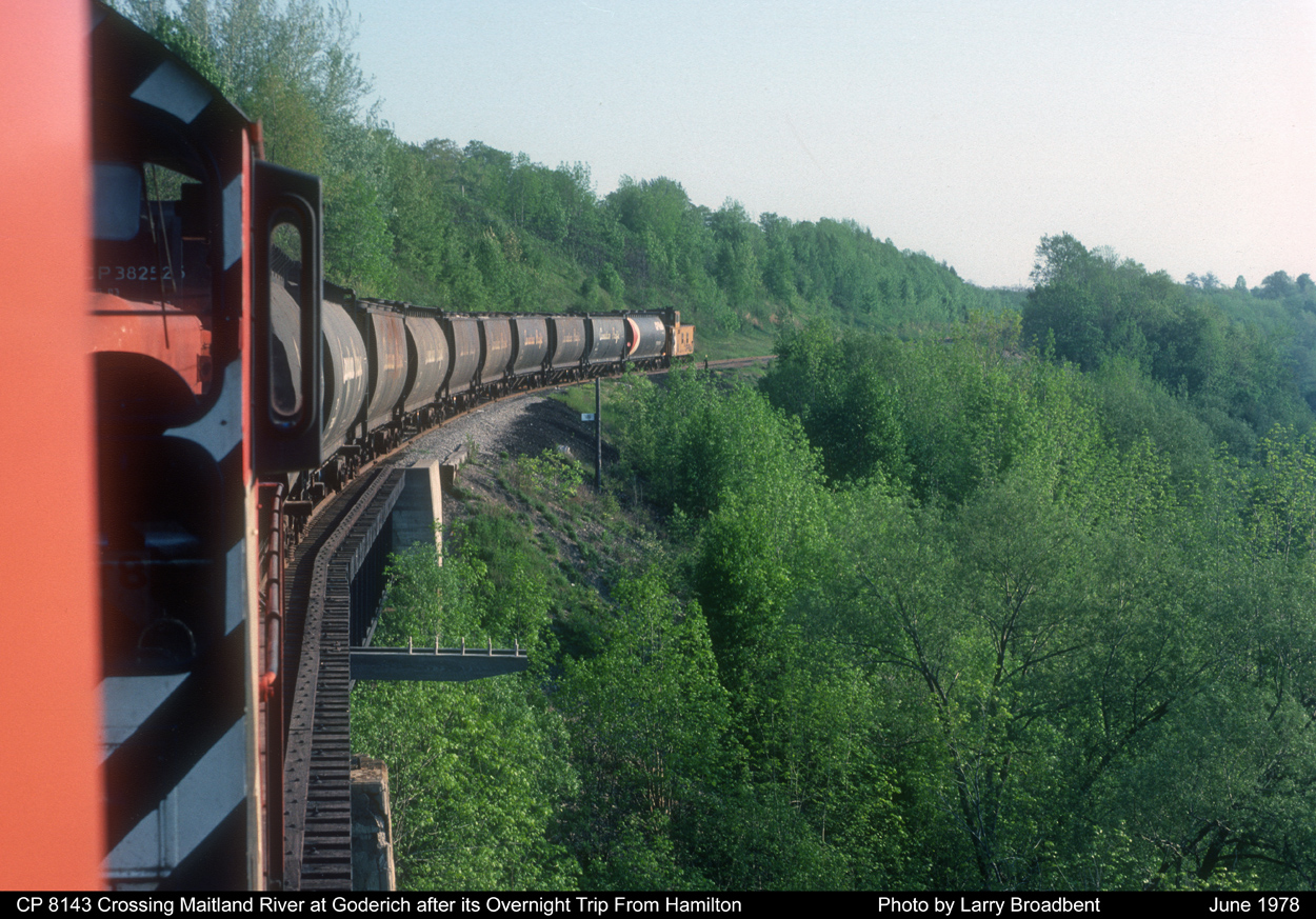 Goderich Wayfreight Crossing Maitland River arrives at Goderich after its overnight trip from Hamilton  June 1978