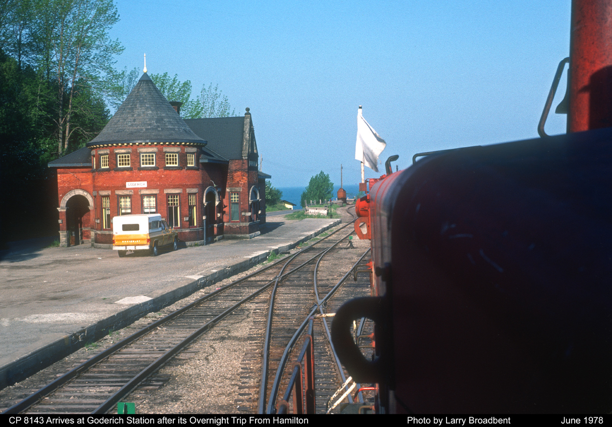 Goderich Wayfreight arrives at CP Goderich Station after its overnight trip from Hamilton  June 1978