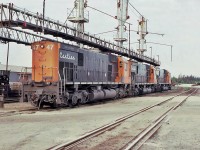 Cartier Railway MLW M-636 No.47 ex-CN 2312 with numbers 74, and 84; at the Port Cartier, Quebec diesel servicing Area August 10, 1986.