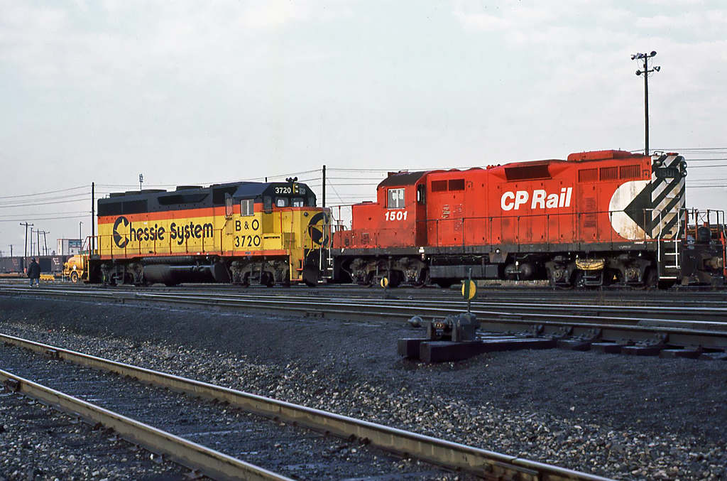 Chessie System B&O GP40 3720 and CP GMD GP7u 1501; nee 8409 at CP's Agincourt yard October 25, 1987.