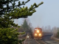 Canadian Pacific AC44CW No. 8525 is working hard as the locomotive pulls a heavy manifest freight train through the curves just east of Ingolf, ON.