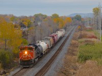 CN 585 with CN 8934 heads west on the Kingston sub with 15 cars for Brockville (including 3 loads of aluminum). Fall colours are still barely visible along the right of way.