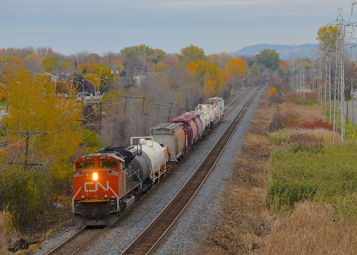 CN 585 with CN 8934 heads west on the Kingston sub with 15 cars for Brockville (including 3 loads of aluminum). Fall colours are still barely visible along the right of way.