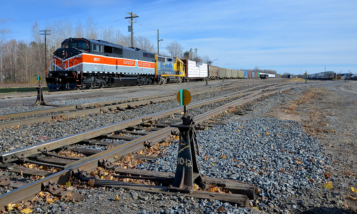 The Bangor & Aroostook heritage unit (CMQ 9017, an ex-CP SD40-2F) is in Quebec for the first time as it lays over in Farnham after arriving on CMQ 1 overnight. Trailing is LTEX 2535 as the 28-car sits in Farnham Yard.
