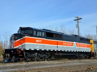 The Bangor & Aroostook heritage unit (CMQ 9017, an ex-CP SD40-2F) is in Quebec for the first time as it lays over in Farnham after arriving on CMQ 1 overnight. 