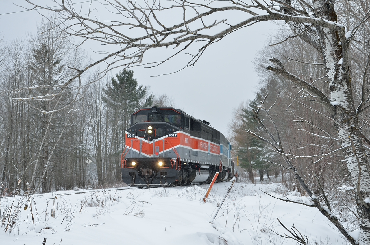 Central Maine & Quebec's now famous BAR Heritage unit led a Farnham-Sherbrooke turn on Wednesday Nov 23, 2016.  It's shown here lifting two cars at Foster, QC on the eastbound trip.
