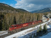 Two of CP's Finest hold back a mixed freight dropping down grade to SNS Fabro on Crowsnest Pass. 