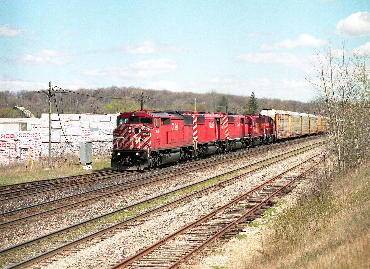 A nice surprise was three CP Red Barns on the head end of a westbound freight one morning while sitting at Guelph Jct. CP 9003, 9010 and 9024, with a pair of GP40-2 units trailing. The Red Barns are in the news now as they have all been removed from the CP roster, and recently some have graced the Central Maine and Quebec, which operates over the former MM&A trackage. CP 4656 (x-BM 301) now HLCX 4222, and 4657 (x-BM 306) last I know was still on the roster.