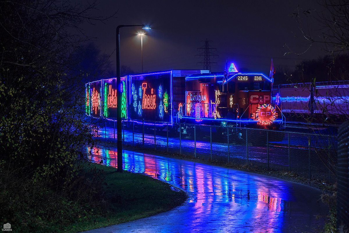 The Christmas Spirit is upon us, Canadian Pacific's Holiday train made its annual stop in Hamilton tonight. The festivities are over and CP02H is tied down for the night at the former TH&B Aberdeen yard.