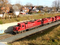 The Wolverton Turn with CP 3130, CP 3076 and CP 2270 heads north on the Waterloo Sub, about to duck under Hespeler Rd (Hwy 24) in Galt on this great fall afternoon!