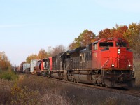 CN train 399 rolls past the fading fall colours at Scotch Block. In the consist is nose logo less SD70M-2 8818, IC SD70 1007 and natural gas fuelled SD40-2W 5258. A pair of dimensional loads are also visible trailing the power. 