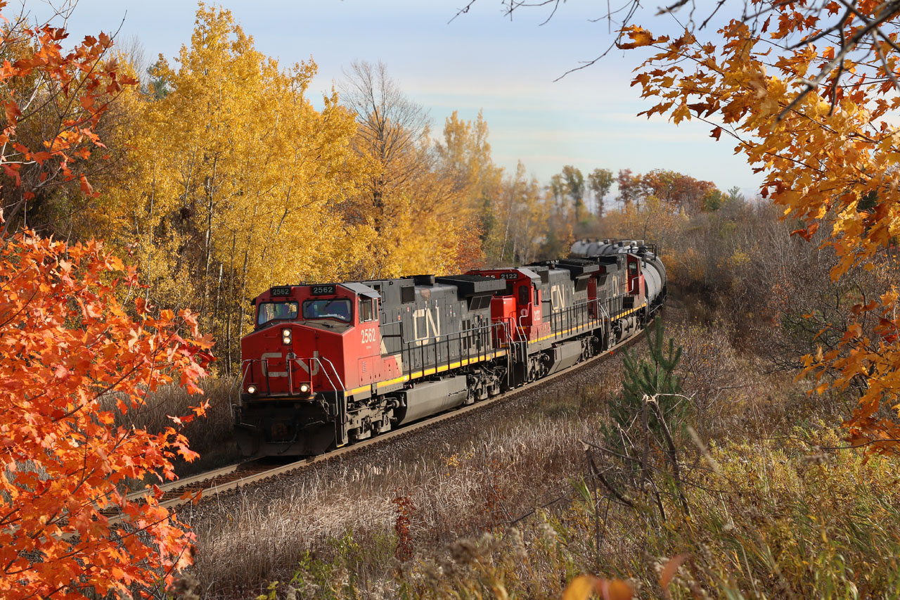 The fall colours maybe fading quickly but there are still some decent pockets of colour left. Scotch Block at mile 30 of the Halton subdivision has been a great spot this year for late colour. Here train 394 with a trio of GE built units grinds its way east past the Clublinks golf course.
