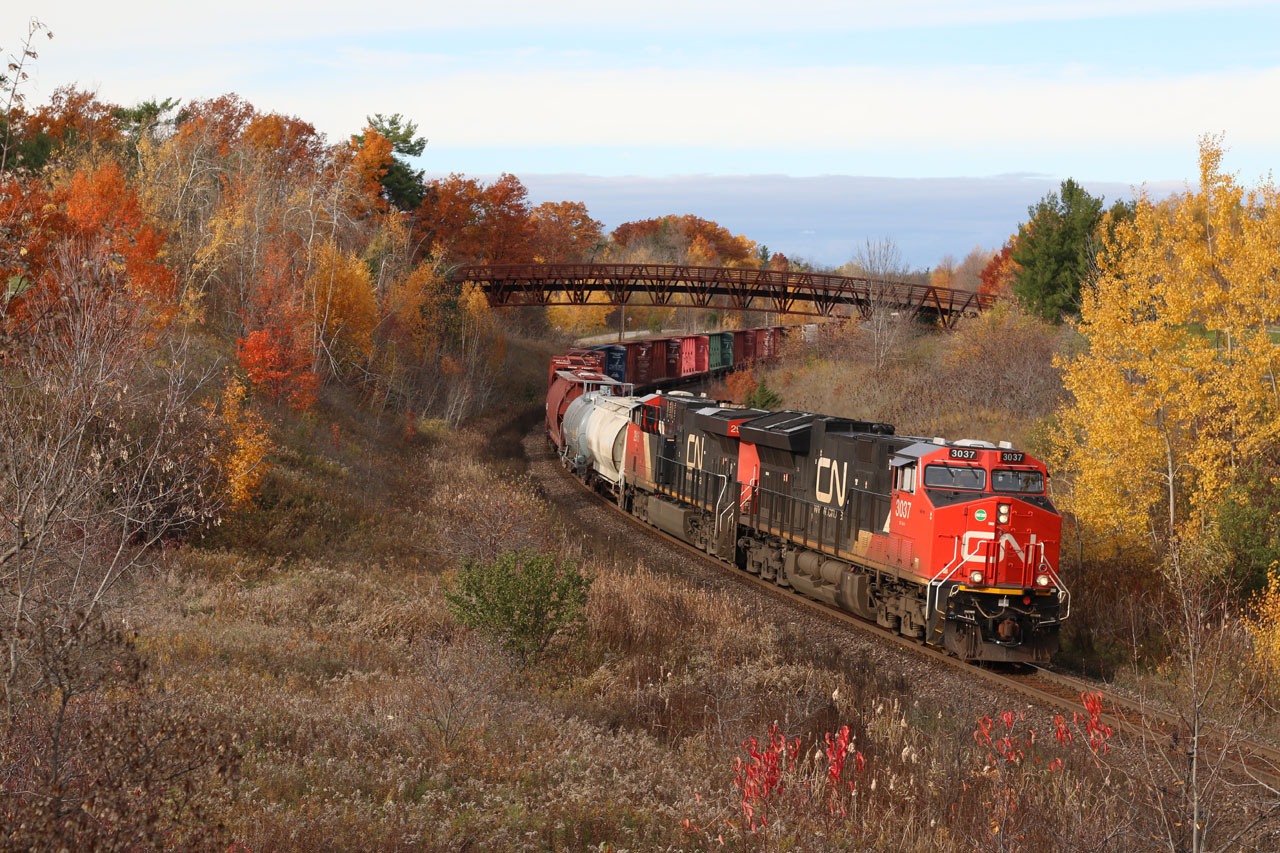 When considering how hot and dry this summer was, it is amazing how much fall colour has been out their this season and how long it has lasted. I always enjoy hiking into the hills at Scotch Block, while the golf course bridge has changed the view here, the area is still very scenic. The muted sun is seen briefly making an appearance as train 399 rolls past the Clublinks golf course, briefly drowning out the sound of numerous lawn sprinklers.