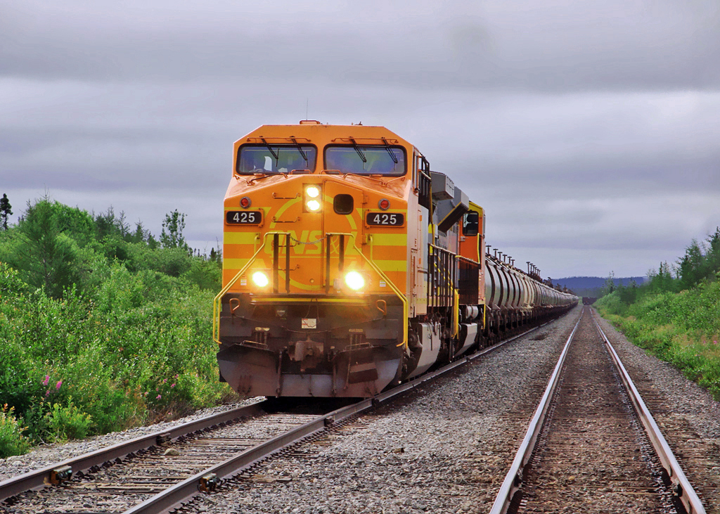 QNS&L GE AC4400CW 425 and SD70ACe 506 leads a northbound Wabush Mines ore train which came from the Arnaud Railway at Sept-Îles Jct., mile 8.3  July 27, 2010.