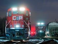 It's a chilly fall night, the echoing enchantment of 8 cylinder 710 series prime movers idle through the air. On our left, CP 2244 sits by her lonesome after being switched off the TEC train due to the computer screen on the control stand going bad, beside her is the London Pickup tied up for the night as the crew rests in the hotel a few miles to the east.