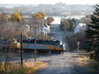 Dawn for eastbound VIA train 14 with in the lead Nos.6400 and 6424. They just left Bathurst station and have another 300 miles or so to reach Halifax, N.S.