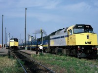   Moncton's VIA Rail Station with two Montreal bound trains with different Routes. VIA F40PH-2 No.6416 leads The "Atlantic" via Saint John, N. B. and through the State of Maine to Montréal, and VIA F40PH-2 No.6415 leads The "Ocean" via northern New Brunswick and Matapédia Valley to Montreal. 