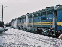 VIA Rail train 14 The "Ocean" coming in the station with three MLW's; FPA-4 6773, FPB-4 6869, and FPB-4 6863, December 05, 1982.