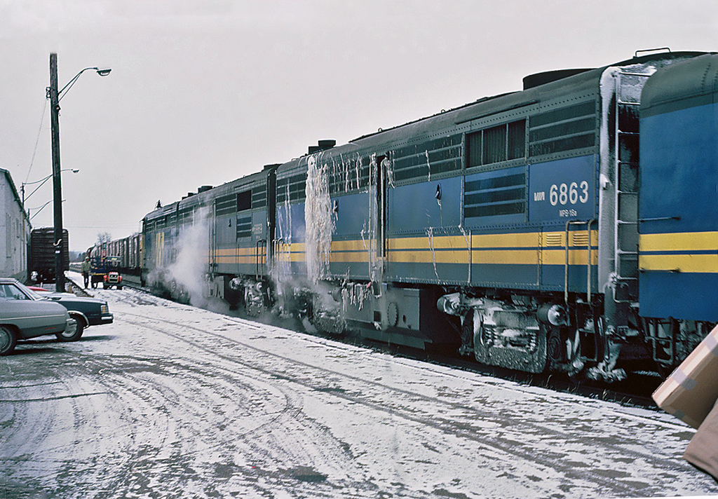 VIA Rail train 14 The "Ocean" coming in the station with three MLW's; FPA-4 6773, FPB-4 6869, and FPB-4 6863, December 05, 1982.