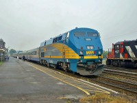 VIA Rail GE P42DC 909, leads eastbound Toronto-Montreal 52 and Toronto-Ottawa 40 which will separate at Brockville, Ontario. Photo June 29, 2005