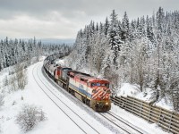 BCOL C40-8M 4625 and CN C44-9W 2727 lead Edmonton-Coquitlam train G845 down the main at Entrance a day after the region got its first sizeable snowfall. With the temperatures not expected to rise anytime soon, it looks like the white stuff is here to stay!