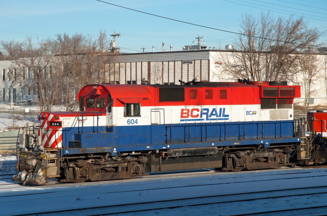 BCOL 604 is a former ALCO/MLW RS18 that was rebuilt with a Cat prime mover and re-classified as a CRS-20. It is seen here in the CN deadline in Edmonton AB.