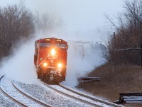 CP 118 kicks up the snow as it comes around the curve at Lovekin.
CP 8958, CP 9627