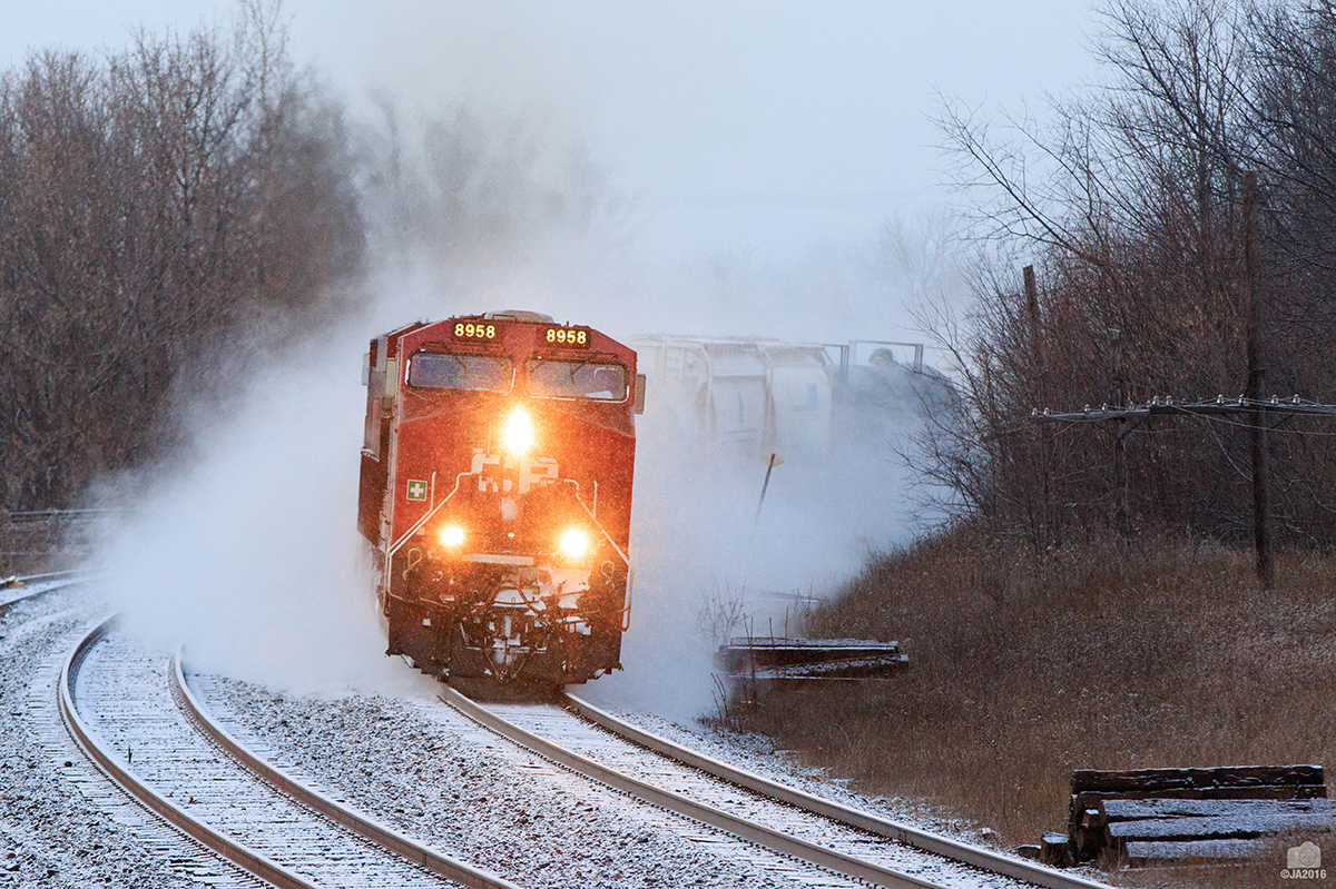 CP 118 kicks up the snow as it comes around the curve at Lovekin.
CP 8958, CP 9627