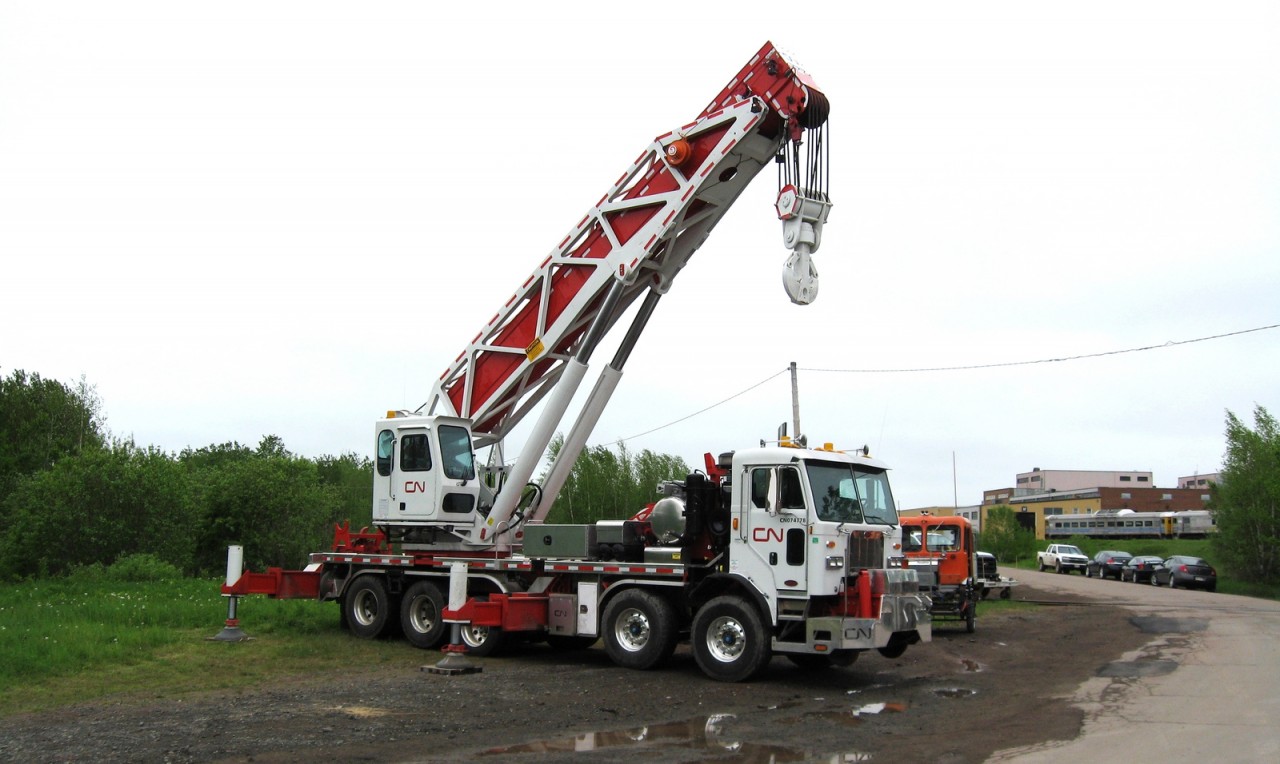 On display at the annual Safety Day in Moncton was this recently refurbished hi-rail wreck crane. Built by Central Butte in 1990 this crane has a lifting capacity of 150 tons. In recent years CN has sent many of their mobile wreckers to Cranemasters in North Chesterfield VA for complete rebuilding and repainting.