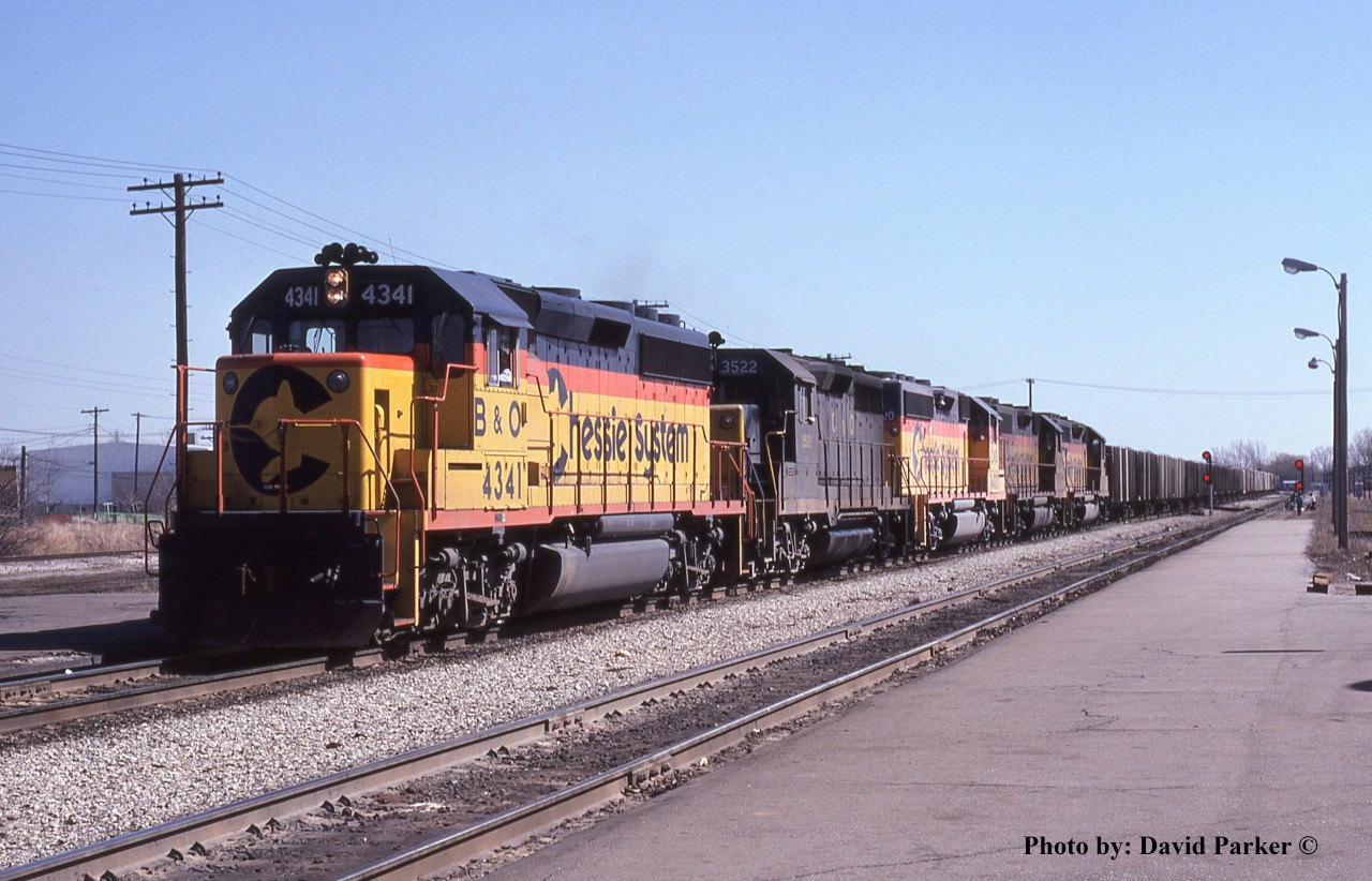 B&O 4341 leads C&O SC-5 past Windsor Depot on April 5th 1980 with phosphate rock empties on the head end.