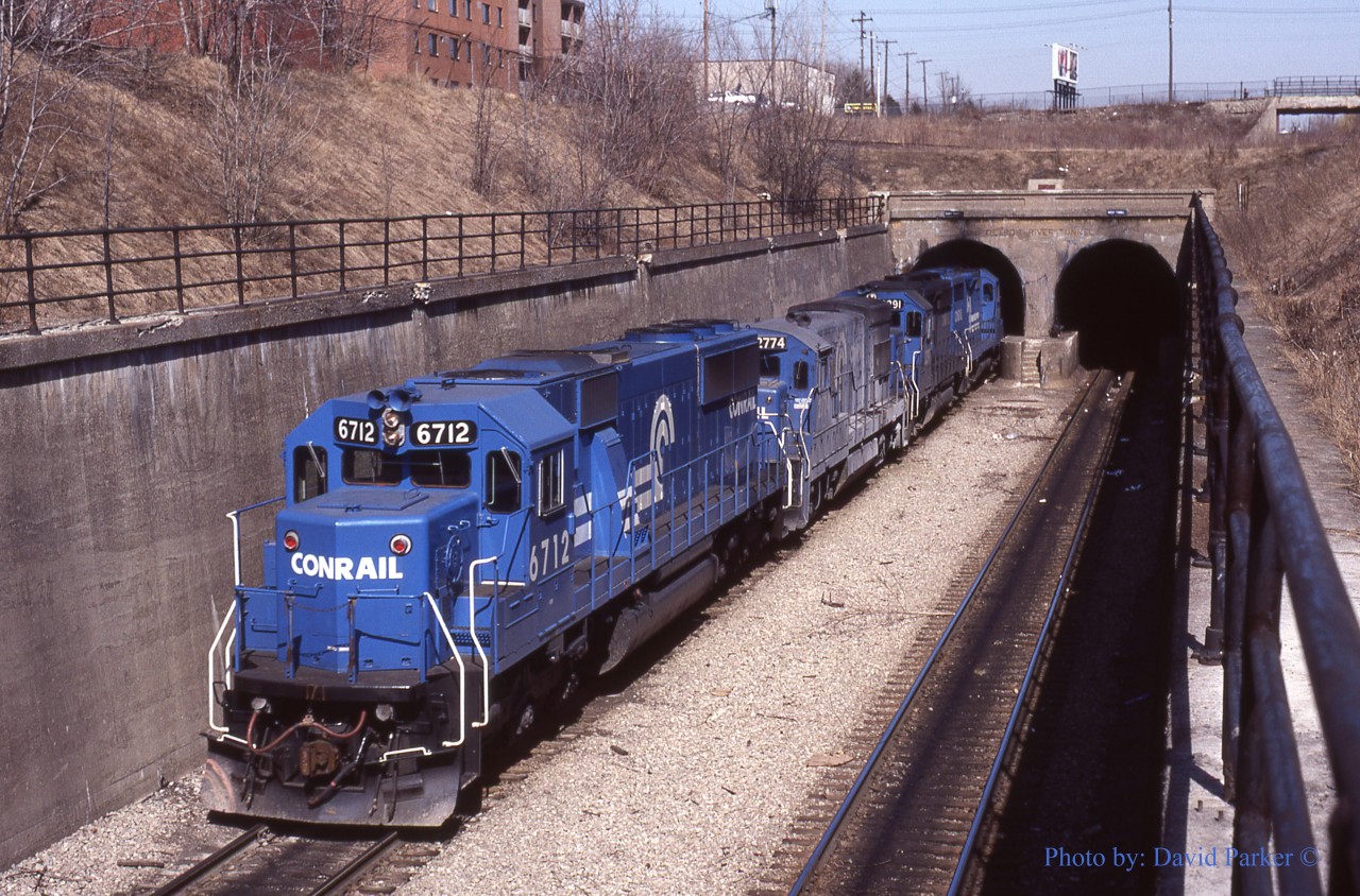 The power from Conrail ELDW-5 (Elkhart IN-Detroit/Windsor) enters the East Tube of the Detroit River Tunnel back to Livernois Yard in Detroit after dropping off the last of its cars in Windsor.