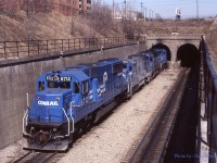 The power from Conrail ELDW-5 (Elkhart IN-Detroit/Windsor) enters the East Tube of the Detroit River Tunnel back to Livernois Yard in Detroit after dropping off the last of its cars in Windsor. 
