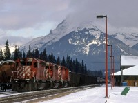 I don't know the story here. Why would a train be tied down at Banff.
Note the blocked-out cab on the third unit.