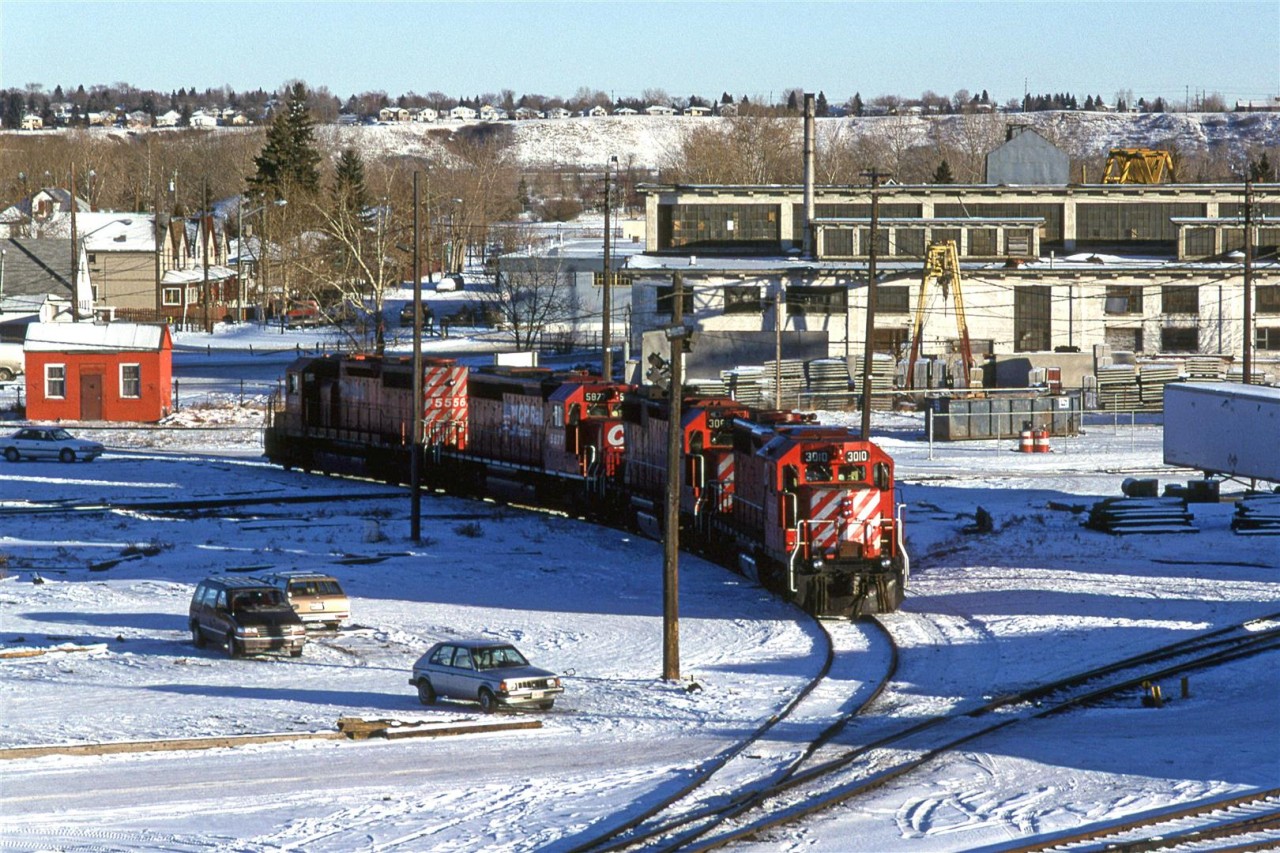 Apparently, we were back in Calgary in mid January. This necessitated a quick trip to Blackfoot trail, and the overpass at Alyth yard and shop.
The new "CP Rail" is making inroads into the fleet (but still no GE's). It knid of looks like it did a month or so ago on our previous visit.
These engines are on the wye, that has long since been removed.