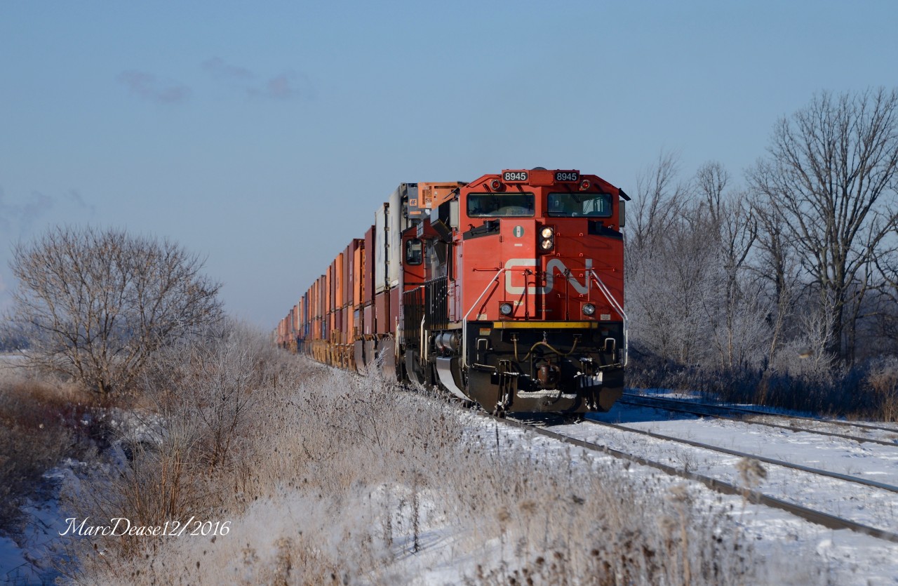 It's a very frosty morning as Train 148 makes the slow roll out to Waterworks Sideroad where the trains Conductor will climb aboard.