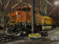 A BNSF ES44AC waits to get serviced on a crisp February night at the Agincourt fuel stand.