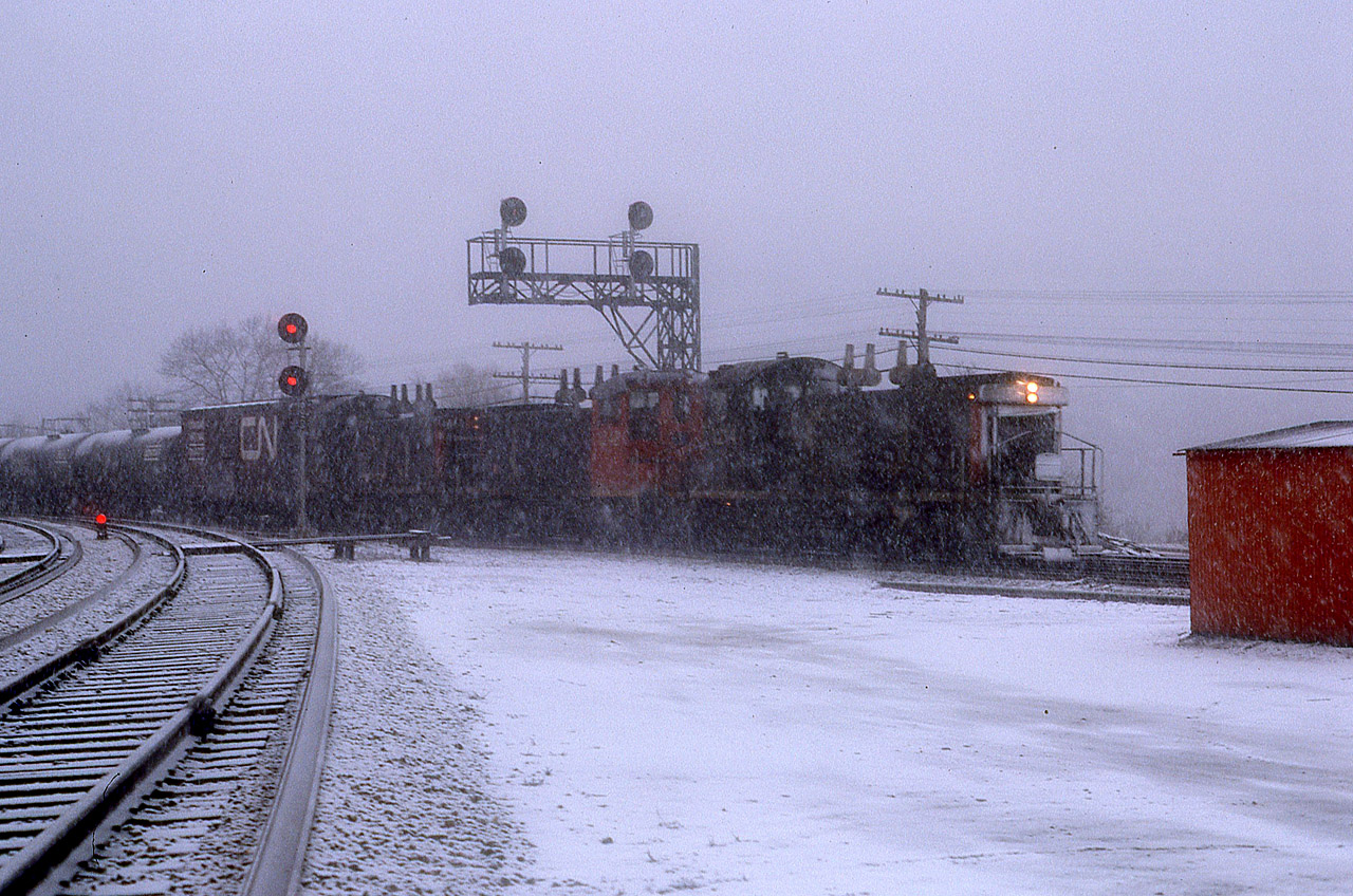 Long winter ahead. As I post this, winter is due tomorrow. And this swirling snow image of a CN transfer working back to Hamilton was taken on the fourth day of April !! I had written '1244' for the leader and left the other two SW1200RS numbers as question marks, but now I wonder how I could have even read the first unit.