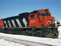 CN MLW C630M 2019 at Campbellton, New Brunswick. 02/28/1988.