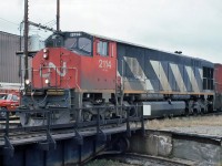 CN Bombardier HR-616 No.2114 and 2103 at CN yard Campbellton, New Brunswick October 23, 1994.